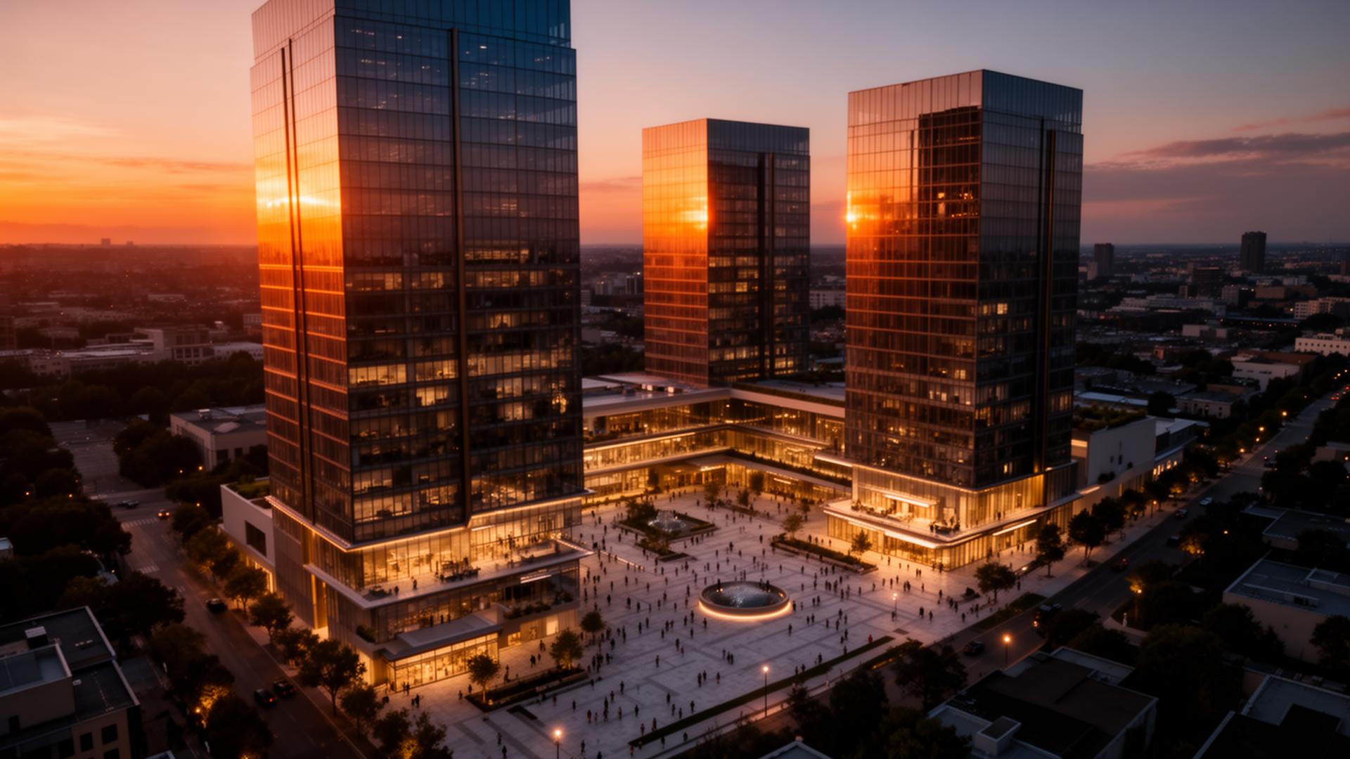 Nexus Tower mixed-use development at dusk